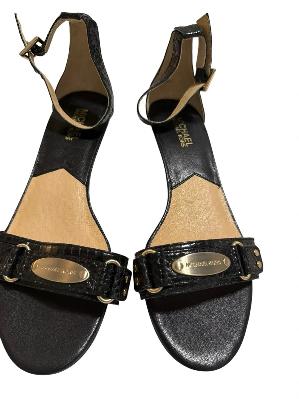 Michael Kors Black Wedge Sandals with Gold Plaque
